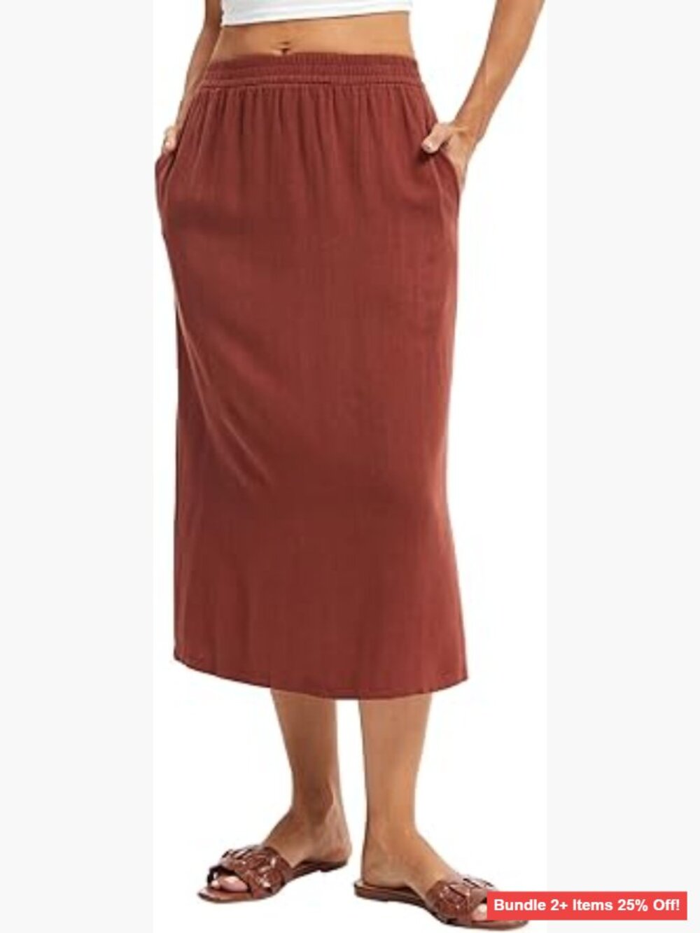 Linen Blend Midi Skirt Reversible Slit Side Pockets Elastic Waist